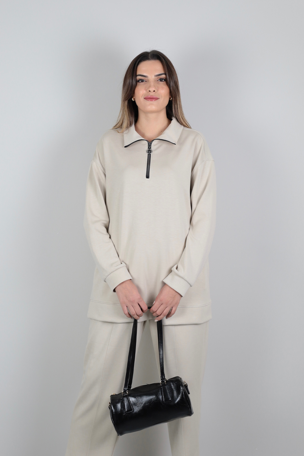 Yarım Fermuarlı Takım - Krem